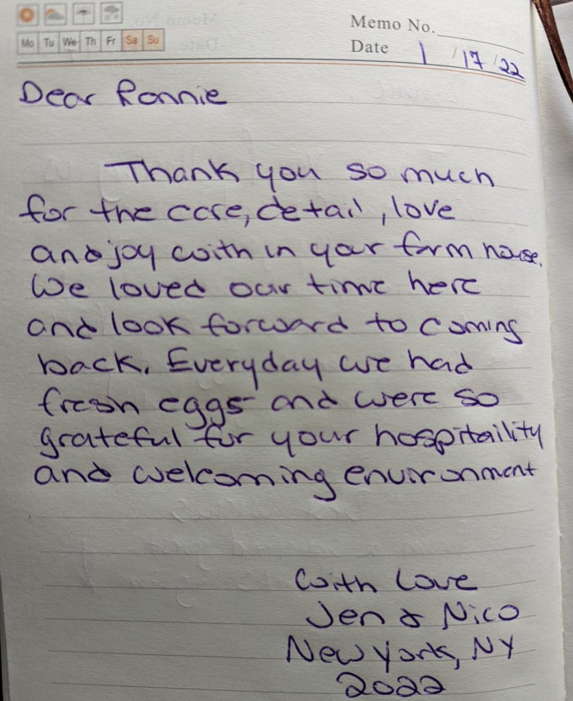 Thank you so much for the care, detail, love and joy within your farm house. We loved our time here and look forward to coming back... 