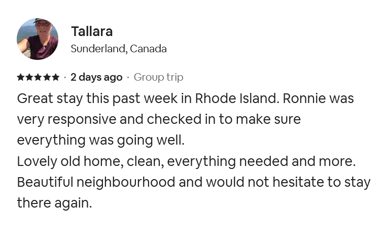 Five Star review from Airbnb guest, May 2024