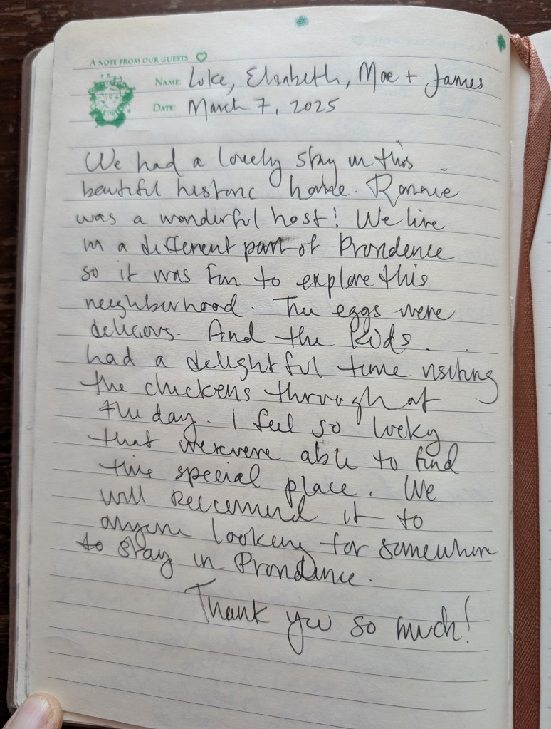 We had a lovely stay in this beautiful historic home. Ronnie was a wonderful host! We live in a different part of Providence so it was fun to explore this neighborhood. The eggs were delicious. And the kids had a delightful time visiting the chickens throughout the day. I feel so lucky that we were able to find this special place. We will recommend it to anyone looking for somewhere to stay in Providence.

Thank you so much!