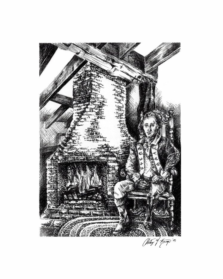 Pen and ink drawing crafted by our Airbnb guest, commemorating George Washington’s visit to Cole Farmhouse 